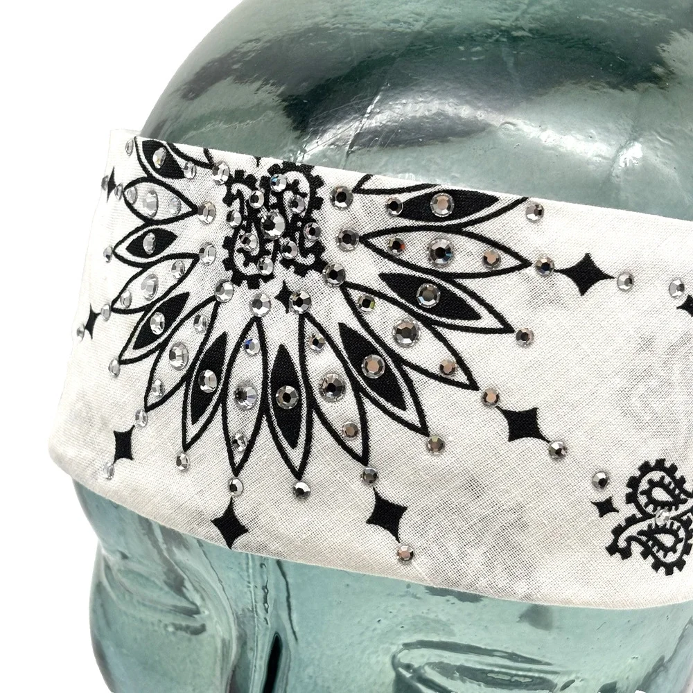 2004 Dust Bandit Handmade White Cotton Bandana Headband w Bling Rhinestones OSFM